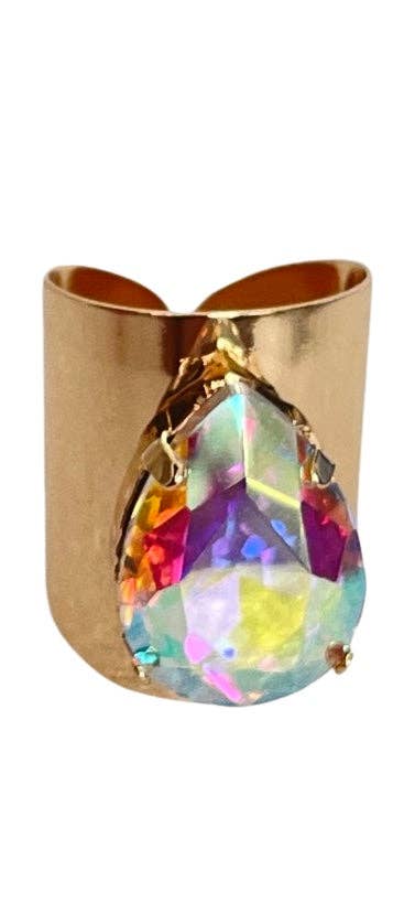Iridescent rhinestone teardrop gold ring: Gold