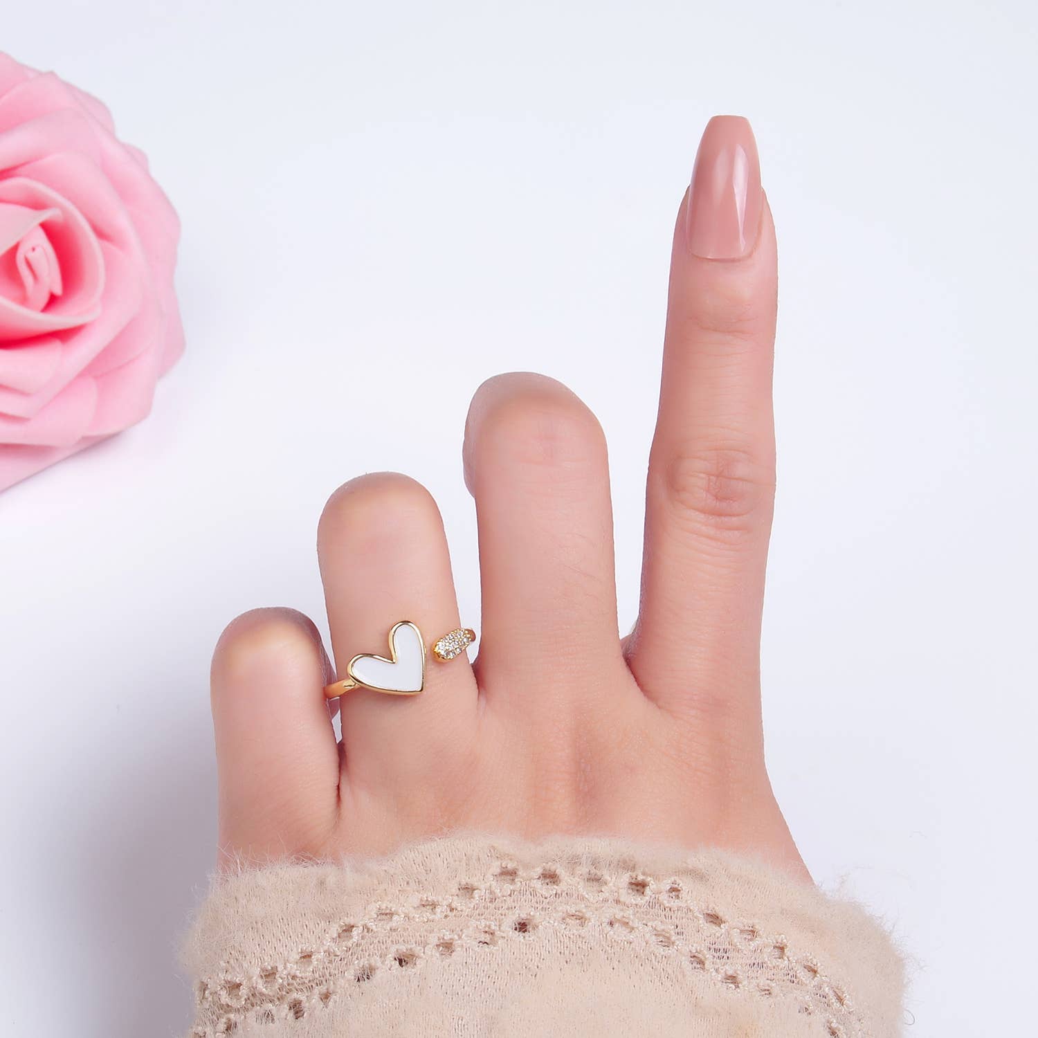 Dainty White Gold Heart Ring Adjustable Ring