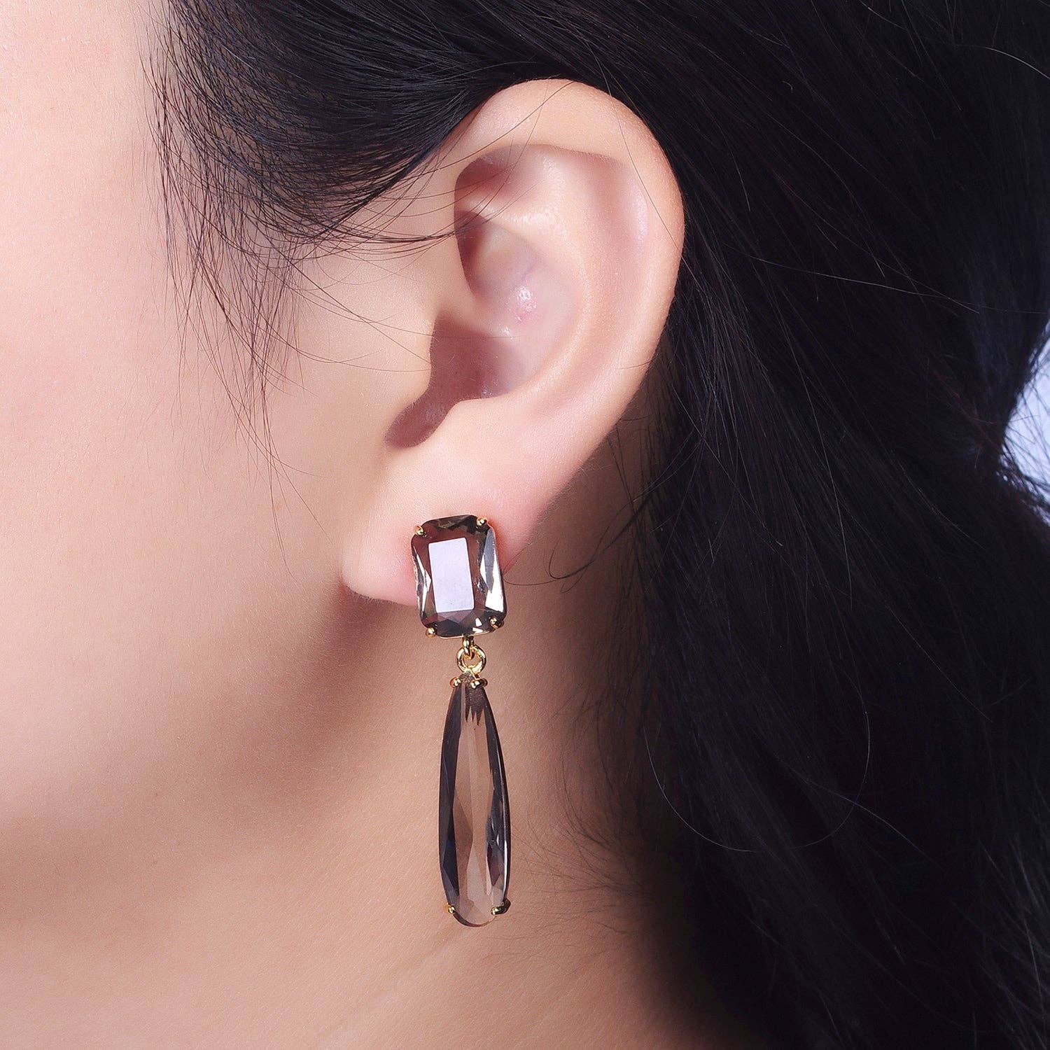 24K Gold Filled CZ Cubic Zirconia Baguette Teardrop Dangle Studs Earrings in Blue