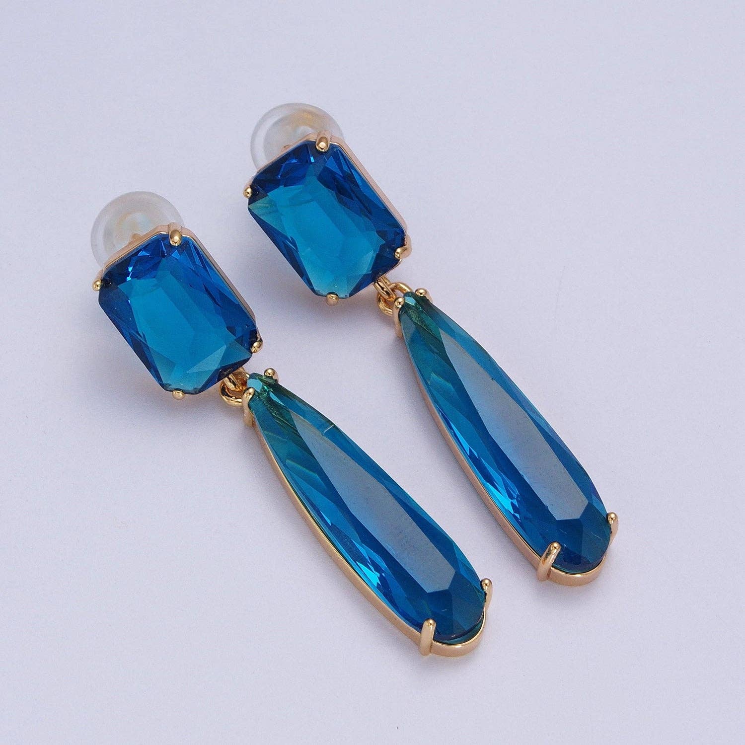 24K Gold Filled CZ Cubic Zirconia Baguette Teardrop Dangle Studs Earrings in Blue