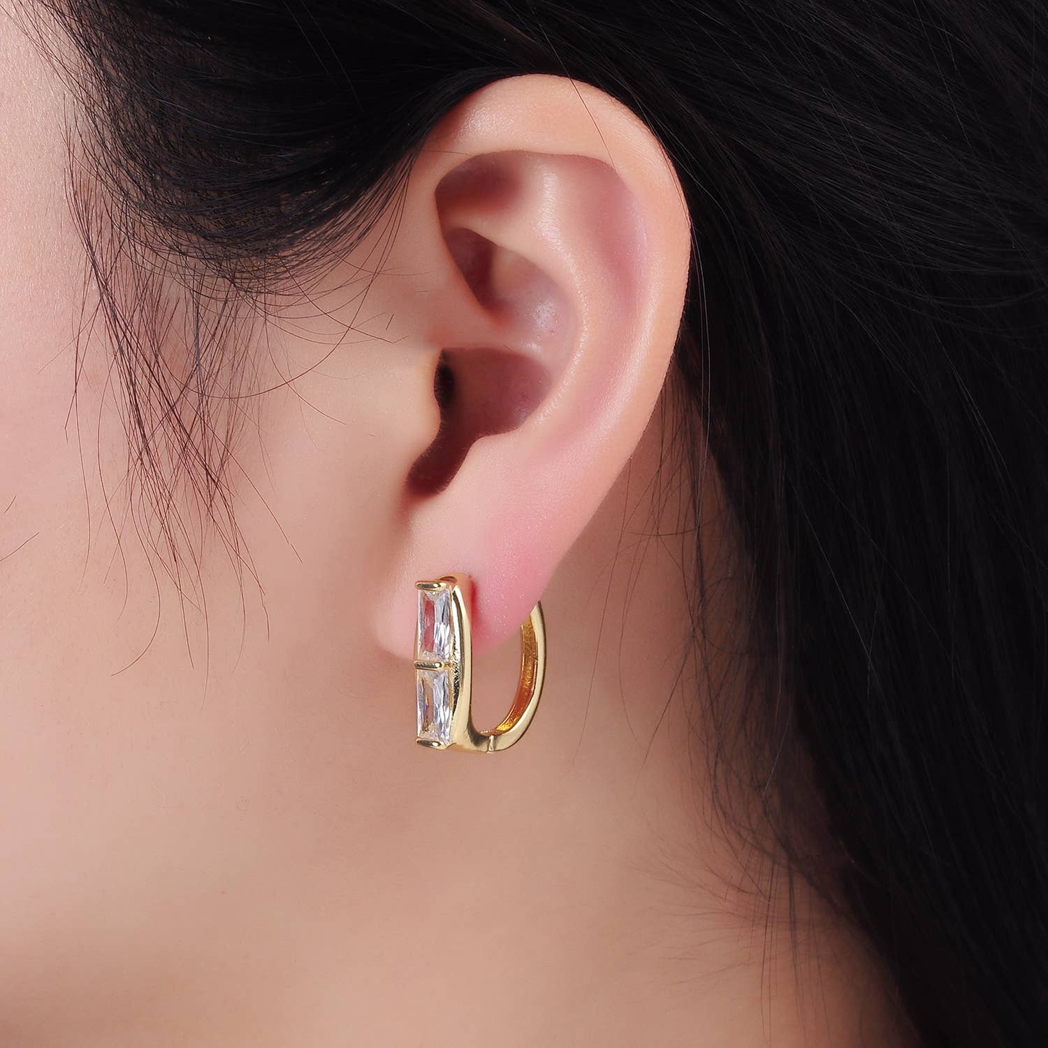 14K Gold Filled Double Clear CZ Baguette Lined 20mm Earrings