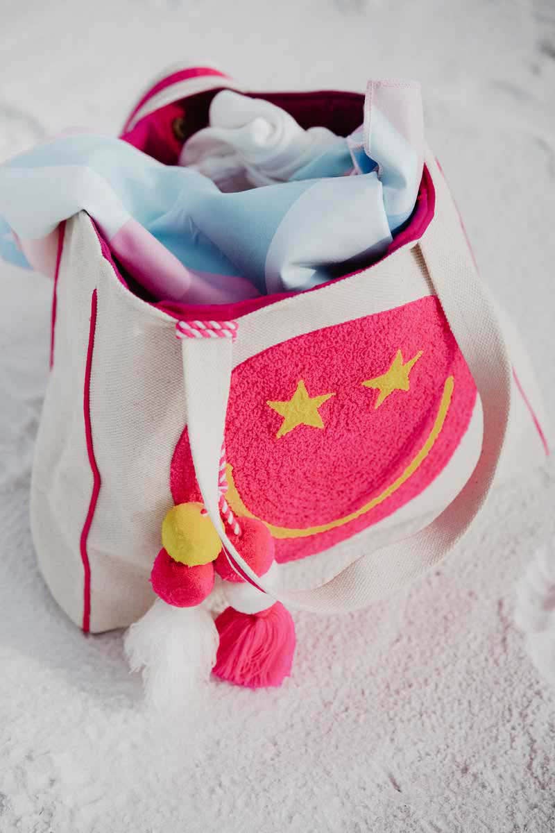Hot Pink Star Eye Happy Face Tote Bag for Women: Beige Canvas