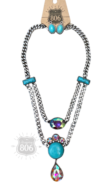 Rhinestone charmed necklace set: Turquoise