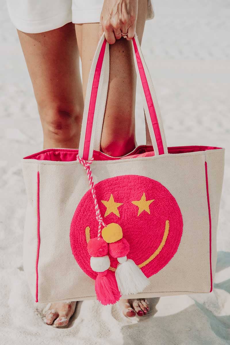 Hot Pink Star Eye Happy Face Tote Bag for Women: Beige Canvas