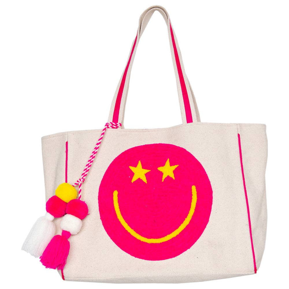 Hot Pink Star Eye Happy Face Tote Bag for Women: Beige Canvas