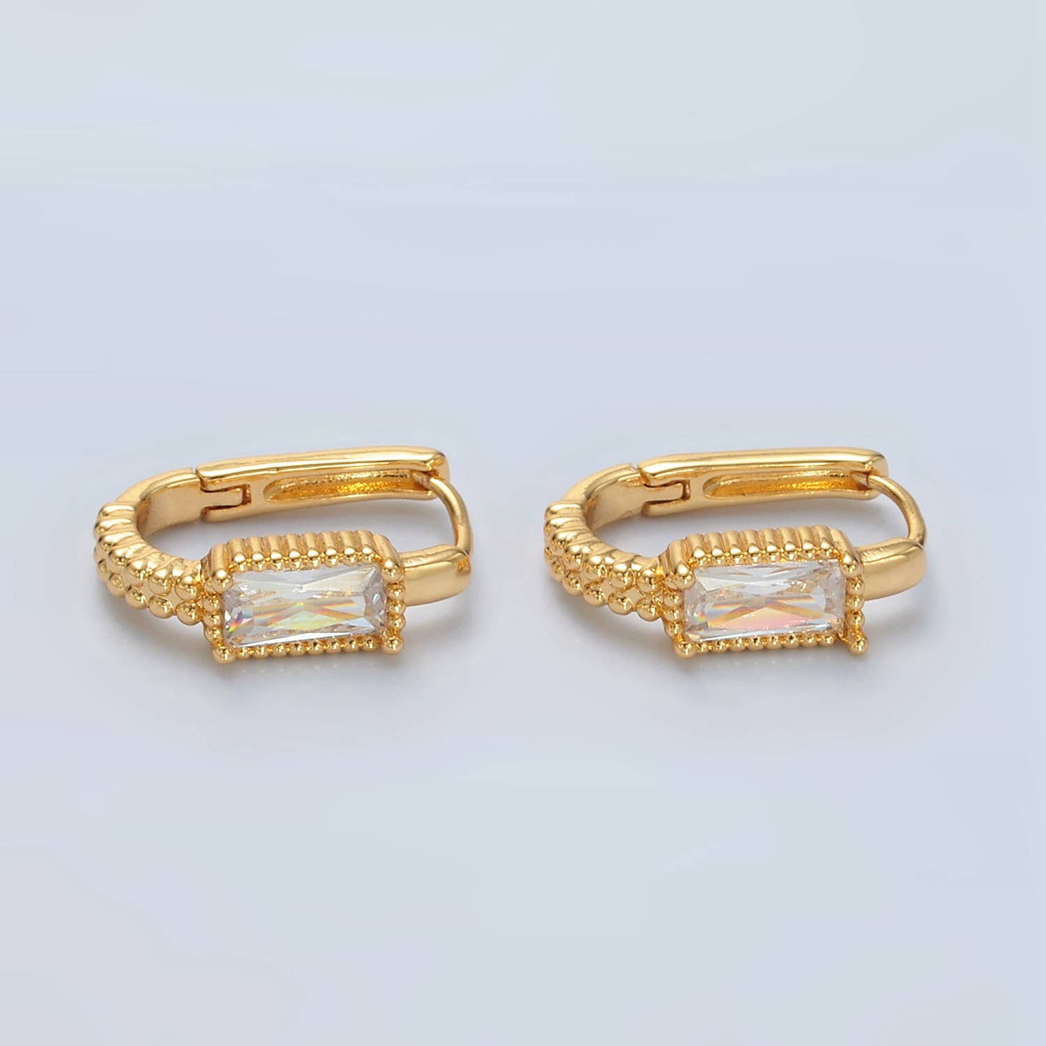 24K Gold Filled Baguette Oblong Huggie Hoop Earrings | T-093
